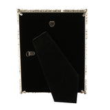 Back view of the Jewelled Cluster Rectangular Metal Photo Frame in silver, showing black velvet backing, hinged kickstand, and two hanging hooks.