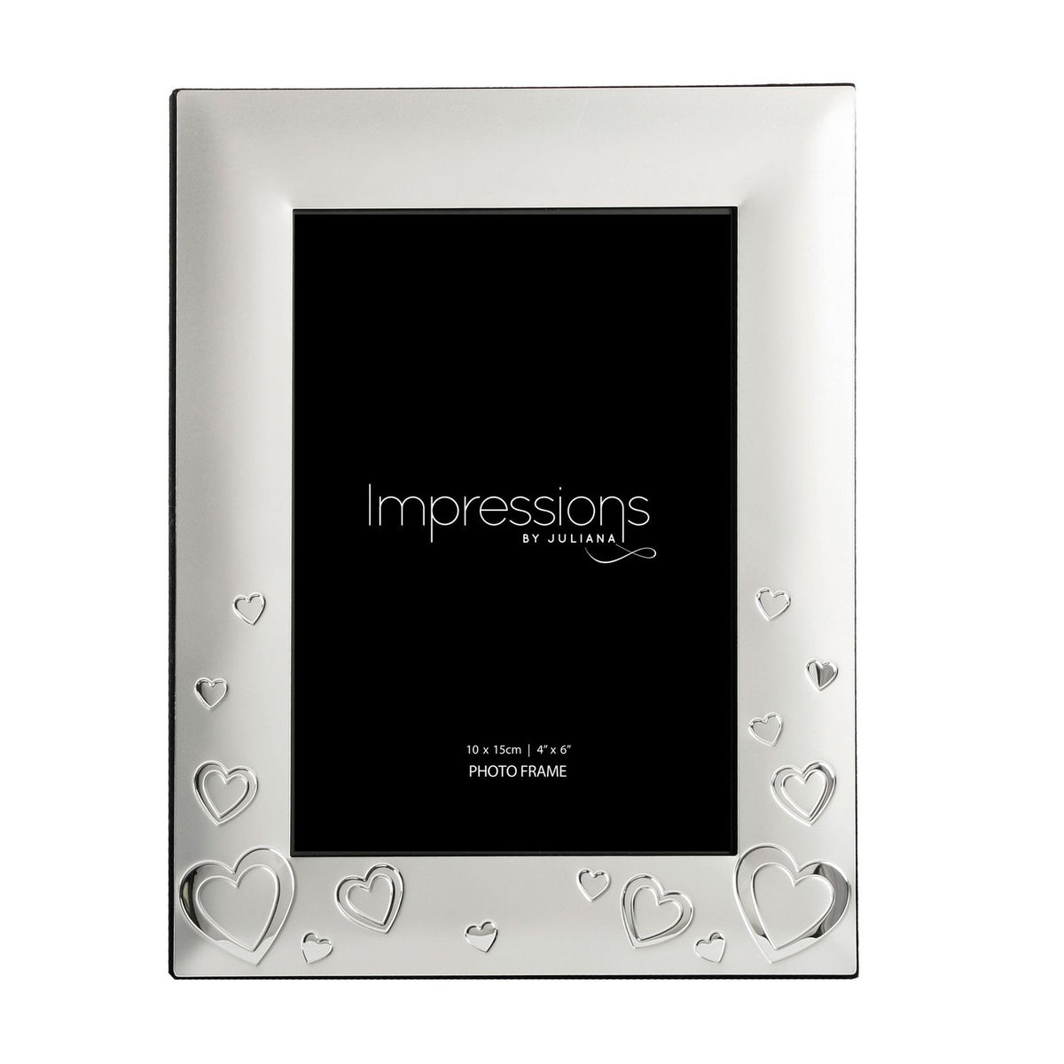 Rectangular silverplated photo frame in satin silver with shiny silver heart outlines and shapes along the base and sides, holding a 4 x 6in photo, shown on a white background.