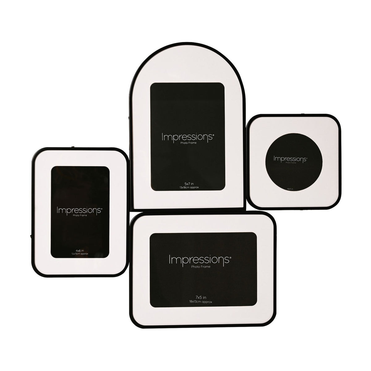 Arch and Circle 4 Multi Aperture Metal Photo Frame in black, with arched, round, upright and wide rectangular openings in white mounts, shown on a plain white background.
