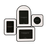 Arch and Circle 4 Multi Aperture Metal Photo Frame in black, with arched, round, upright and wide rectangular openings in white mounts, shown on a plain white background.