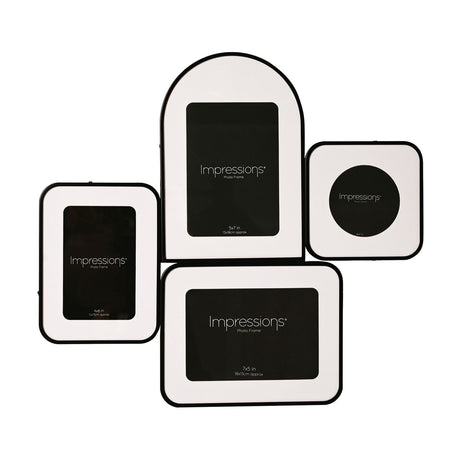 Arch and Circle 4 Multi Aperture Metal Photo Frame in black, with arched, round, upright and wide rectangular openings in white mounts, shown on a plain white background.