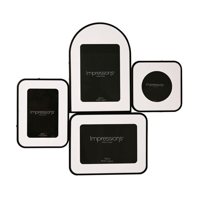 Arch and Circle 4 Multi Aperture Metal Photo Frame in black, with arched, round, upright and wide rectangular openings in white mounts, shown on a plain white background.