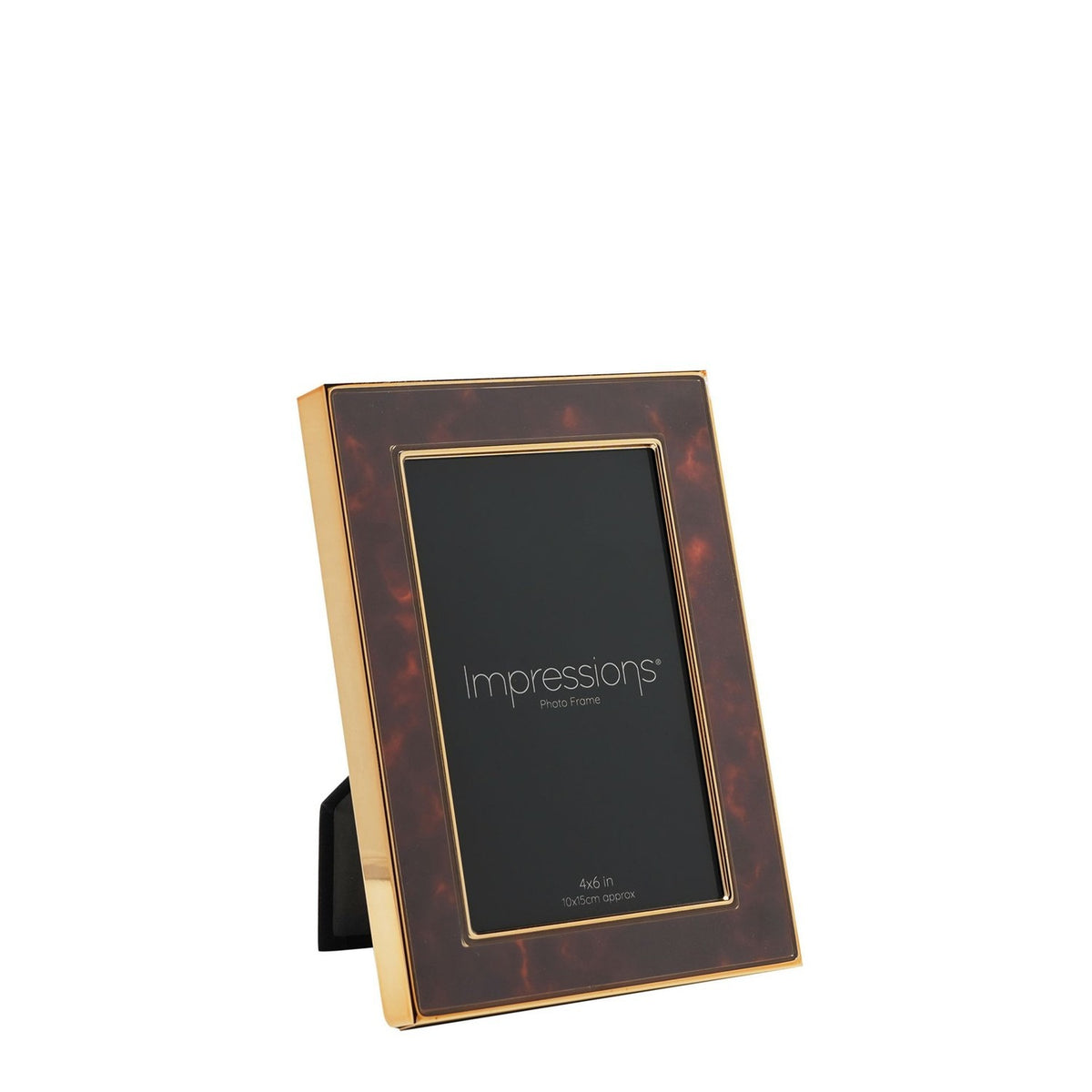 Rectangle photo frame with brown tortoiseshell-effect face and gold-tone metal edges, slim gold inner trim, stood upright with back easel on a plain white background.