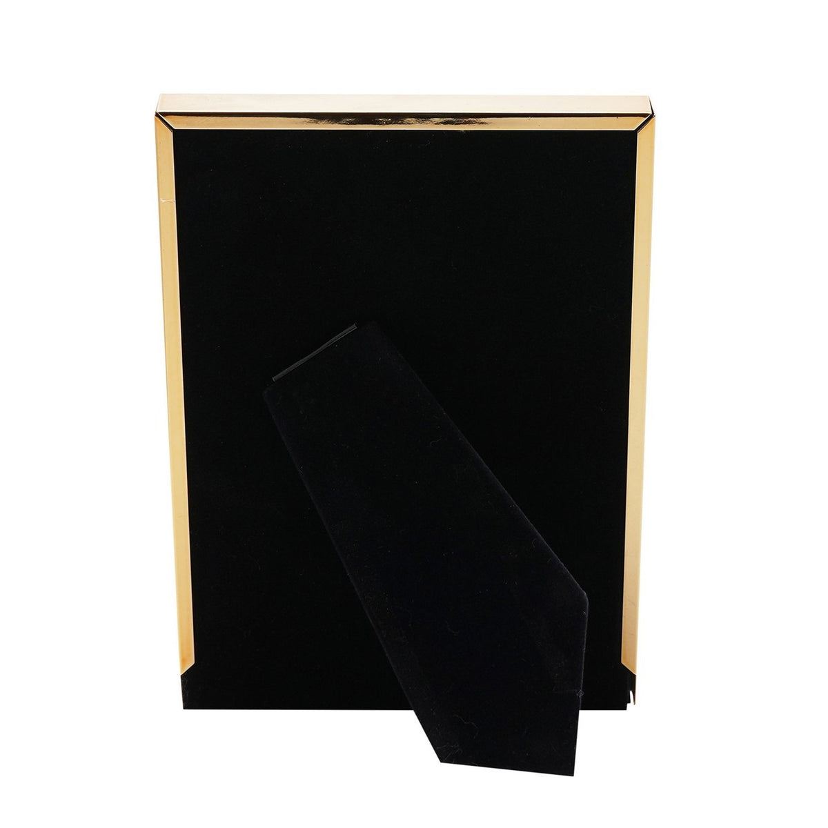 Rectangular photo frame in brown tortoiseshell-effect with gold-tone metal edges and inner border, shown with its black velvet rear stand, on a white background.