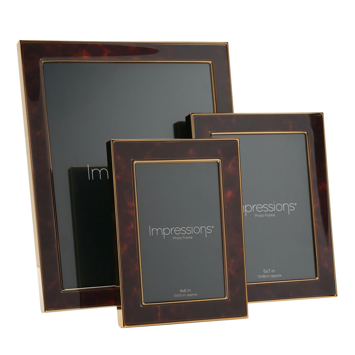 Three rectangular photo frames in brown tortoiseshell-effect metal with gold-tone edges, shown in large, medium and small sizes on a white background.