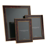 Three rectangular photo frames in brown tortoiseshell-effect metal with gold-tone edges, shown in large, medium and small sizes on a white background.
