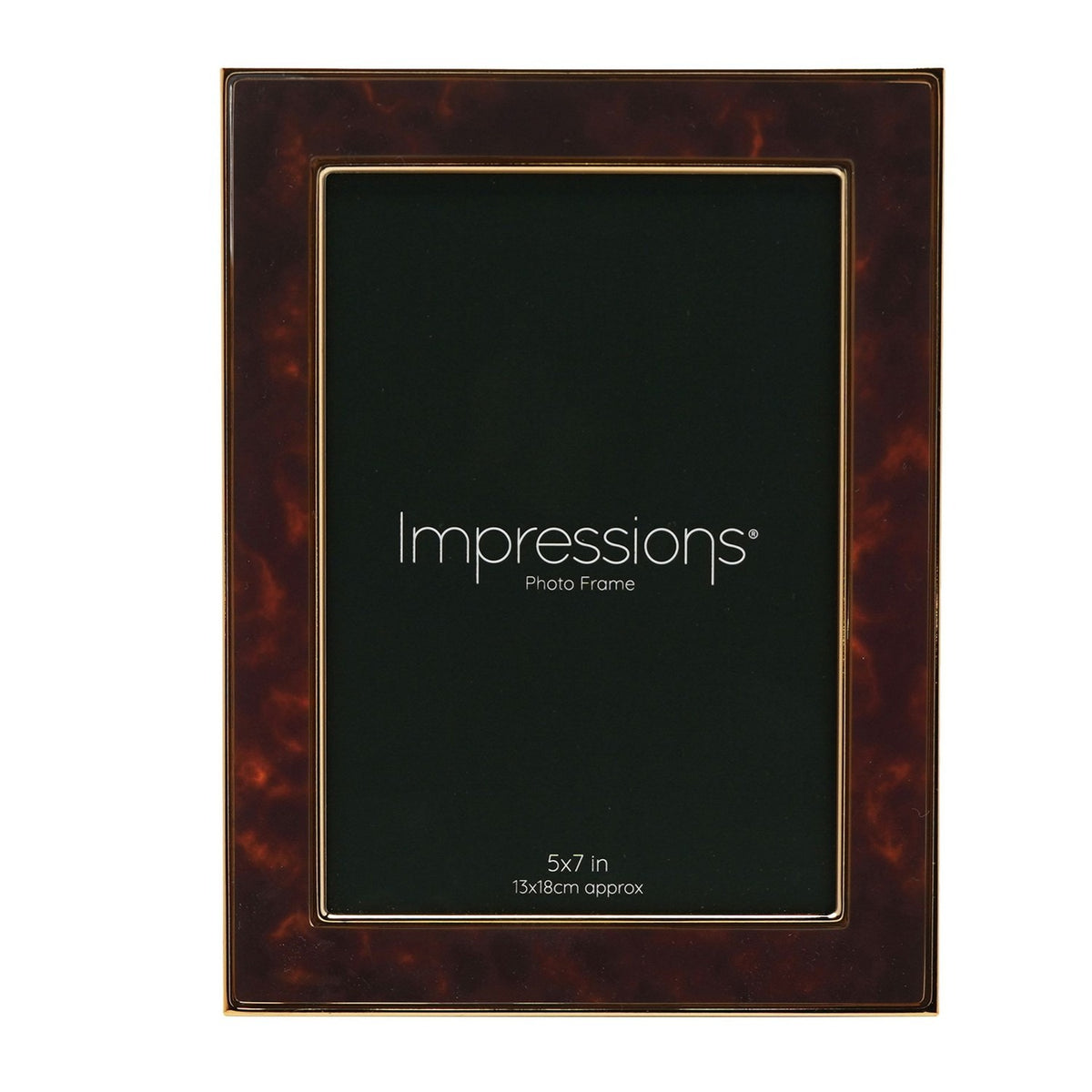 Rectangular photo frame with brown tortoiseshell-effect face and gold-tone metal edges, holding a 5x7 in print, on a plain white background.
