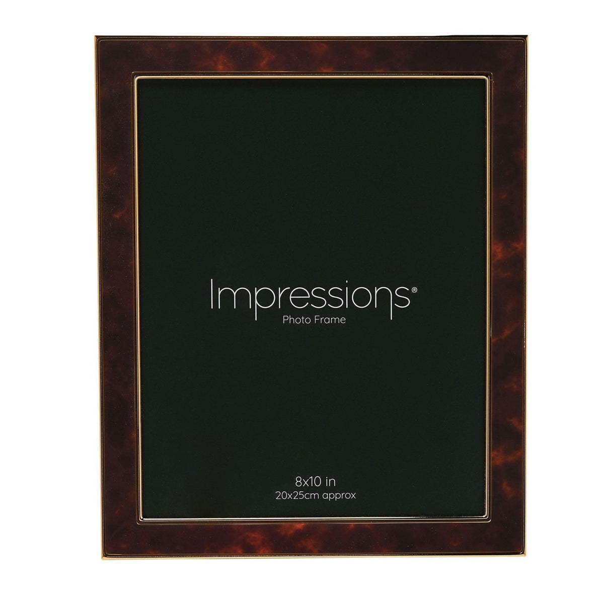 Rectangular photo frame with a brown tortoiseshell-effect surround and gold-tone metal edges, holding an 8x10in photo, shown on a white background.