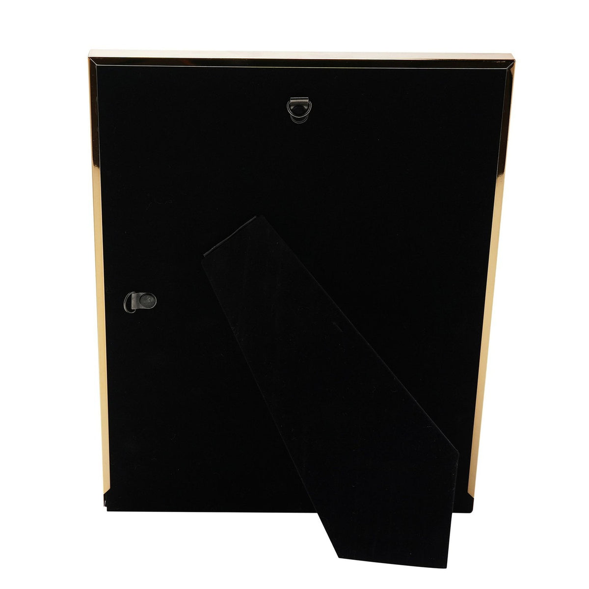 Rear view of the Goldtone Tortoiseshell Metal Photo Frame, showing a black backing panel with a fold-out stand and hanging hook, edged in gold-tone metal.