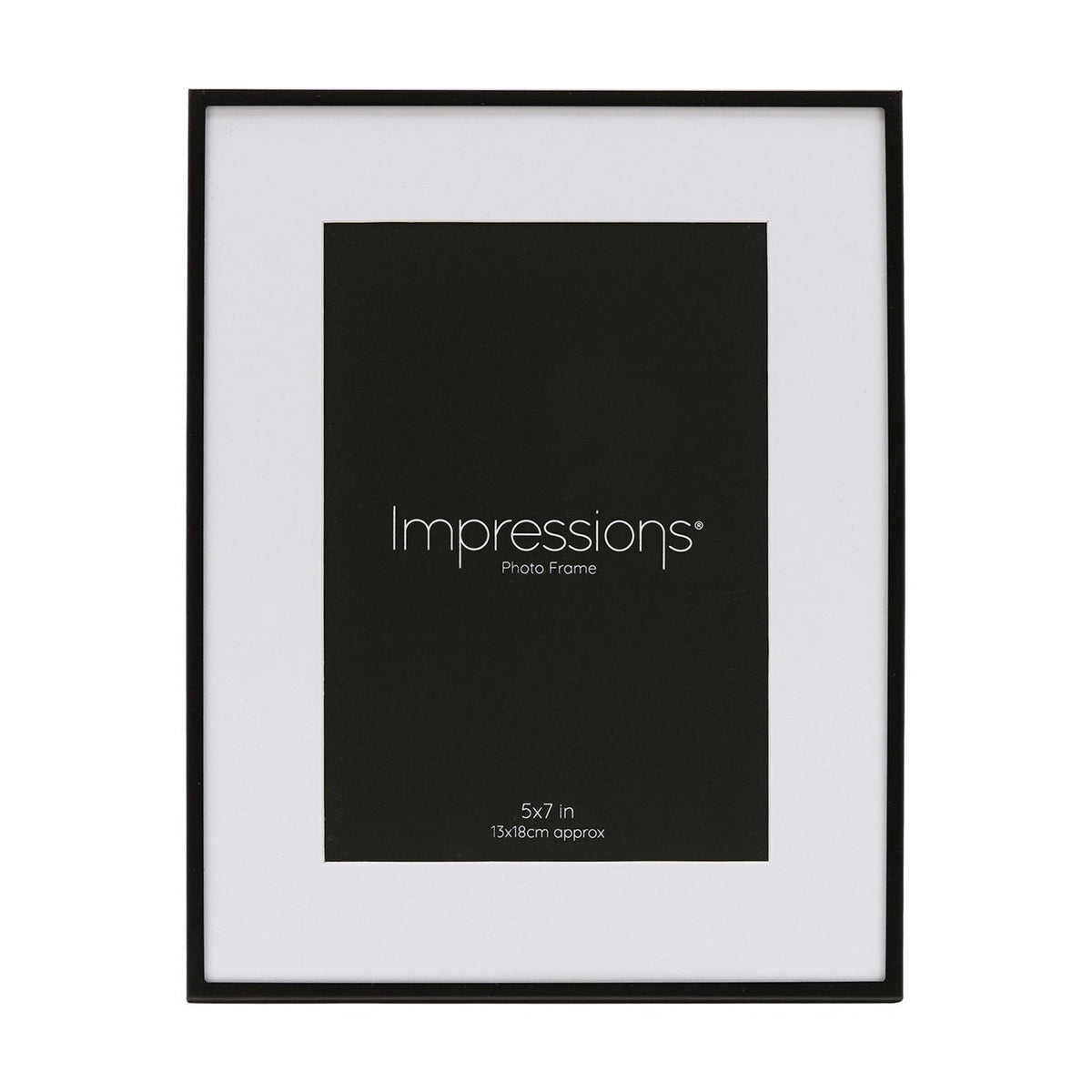 Matt black metal photo frame with white mount, rectangular 7 x 5in window, shown upright on a plain white background.