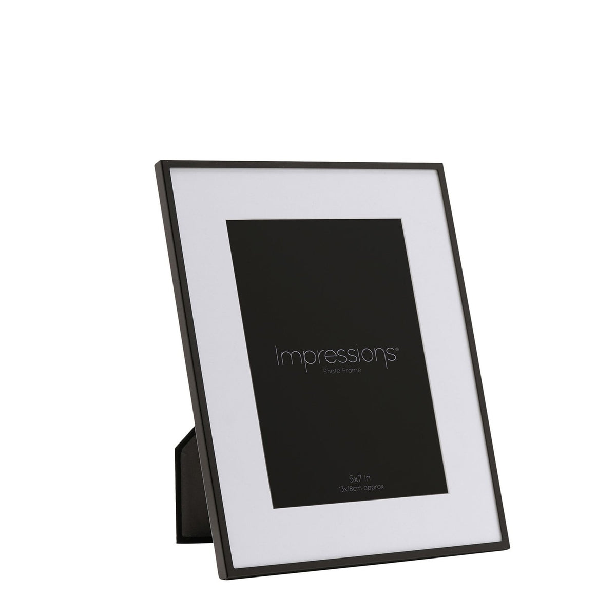 Matt black metal photo frame with white mount for a 7 x 5in rectangular print, shown at an angle with built-in stand against a plain white background.