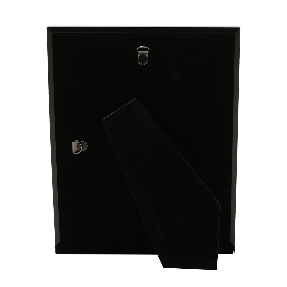 Rear view of the Matt Metal Photo Frame 7 x 5in in black, showing a black velvet-lined back panel, fold-out stand, and hanging hook on a plain white background.