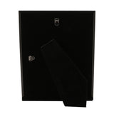 Rear view of the Matt Metal Photo Frame 7 x 5in in black, showing a black velvet-lined back panel, fold-out stand, and hanging hook on a plain white background.