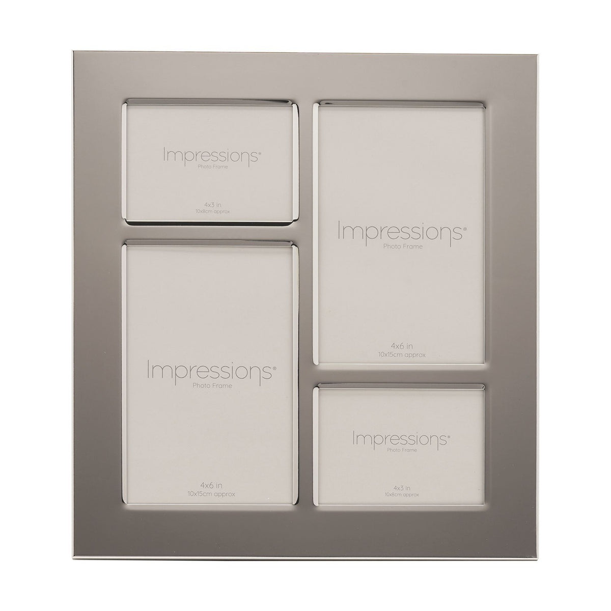 Shiny metal plated 4-aperture collage photo frame in silver, with two tall upright openings and two smaller landscape openings in a staggered layout, shown on a plain white background.