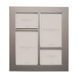 Shiny metal plated 4-aperture collage photo frame in silver, with two tall upright openings and two smaller landscape openings in a staggered layout, shown on a plain white background.