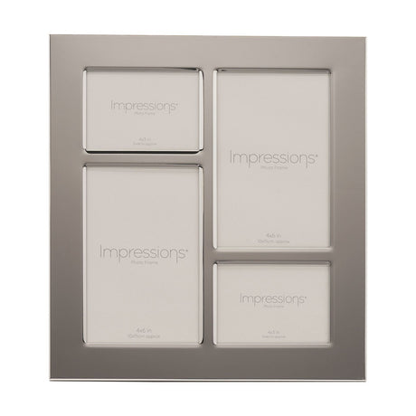 Shiny metal plated 4-aperture collage photo frame in silver, with two tall upright openings and two smaller landscape openings in a staggered layout, shown on a plain white background.