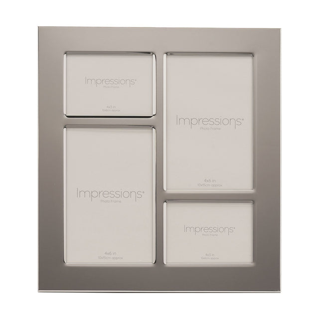 Shiny metal plated 4-aperture collage photo frame in silver, with two tall upright openings and two smaller landscape openings in a staggered layout, shown on a plain white background.