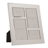 Shiny silver metal plated 4-aperture collage photo frame with staggered rectangular openings for 4x6in and 4x5in photos, shown at an angle on a plain white background.
