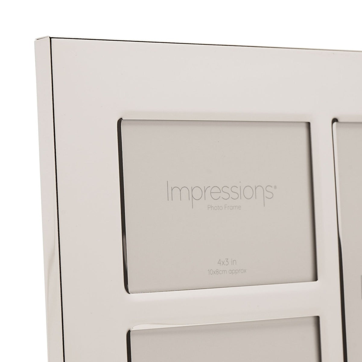 Close-up corner view of a shiny silver metal-plated collage photo frame with a 4x3in rectangular aperture, "Impressions" branding visible on the mount against a plain white background.