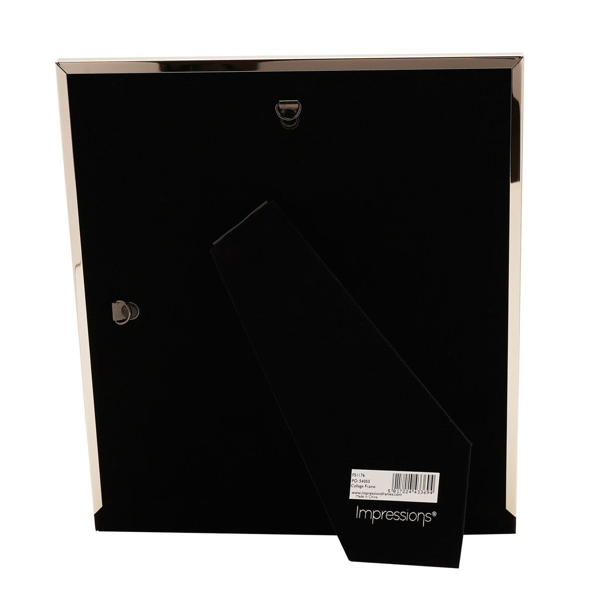 Rear view of the Shiny Metal Plated 4 Aperture Collage Photo Frame in silver, showing black backing, hanging hook, and fold-out stand on a white background.