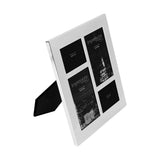 Shiny silver-plated metal collage photo frame with four staggered rectangular openings and a fold-out stand, shown at an angle on a plain white background.