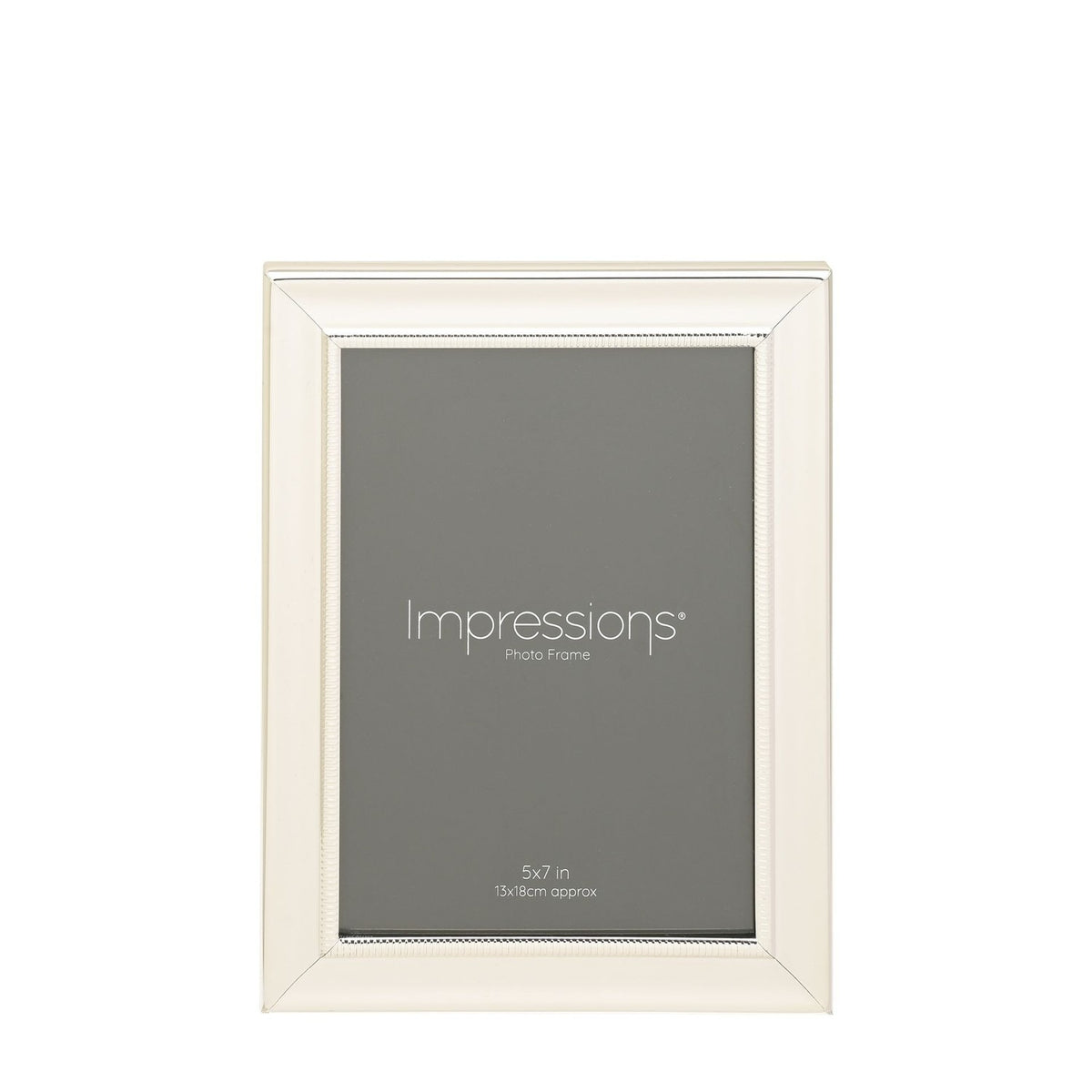 Single beaded silverplated photo frame with strut, rectangular stepped moulding holding a grey 5x7in insert, shown upright on a plain white background.
