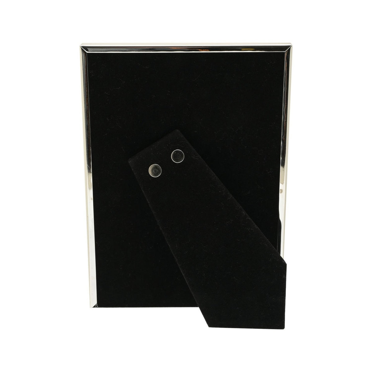 Rear view of the silverplated rectangular photo frame showing a black velvet back panel and fold-out strut easel on a plain white background.
