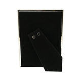 Rear view of the silverplated rectangular photo frame showing a black velvet back panel and fold-out strut easel on a plain white background.