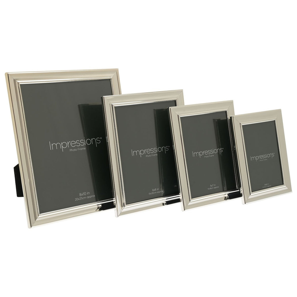 Four silverplated rectangular photo frames with beaded borders and stepped moulding in graduated sizes (8x10in, 6x8in, 5x7in, 4x6in), each with a rear strut, shown on a plain white background.