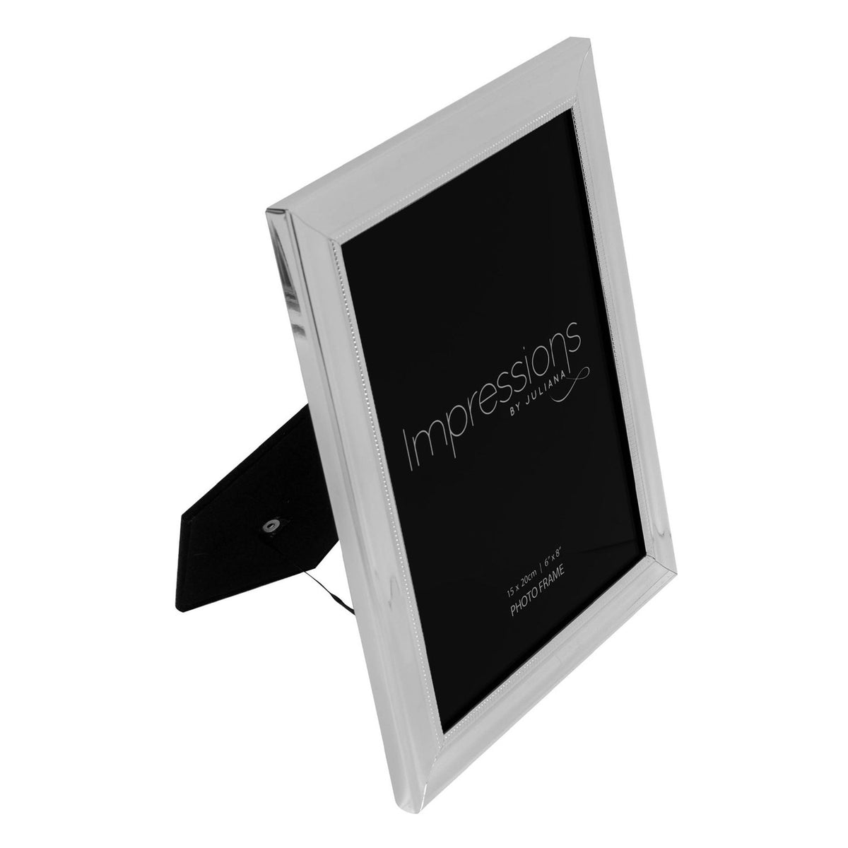 Single beaded silverplated photo frame in a rectangular shape with stepped moulding, high-polish silver finish, and black velvet back strut, shown on a plain white background.