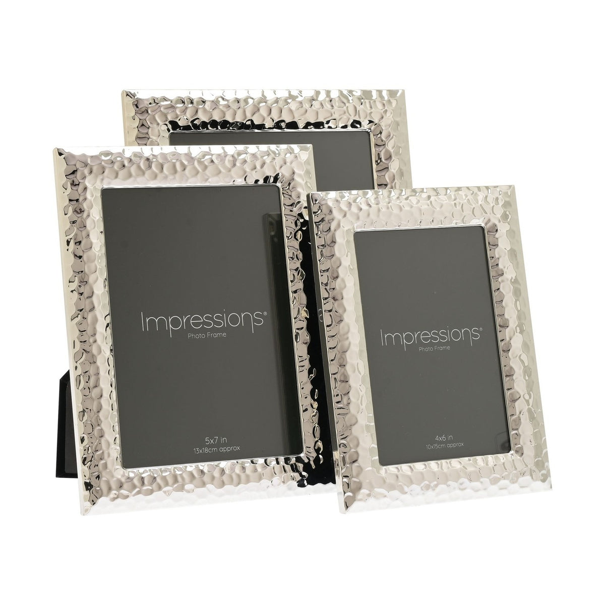 Three rectangular freestanding photo frames in hammered silverplate finish with bevelled edges, shown in 4x6in and 5x7in sizes on a white background.