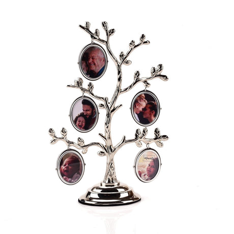 Silver Family Tree Collage Photo Frame with five oval hanging apertures on sculpted branches and a round stepped base, shown on a plain white background.