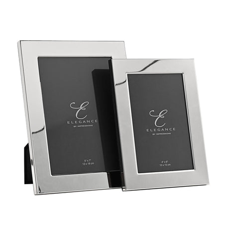 Two rectangular shiny silverplated metal photo frames in 5x7in and 4x6in sizes, with broad flat borders and mirror-shine silver finish, shown on a white background.