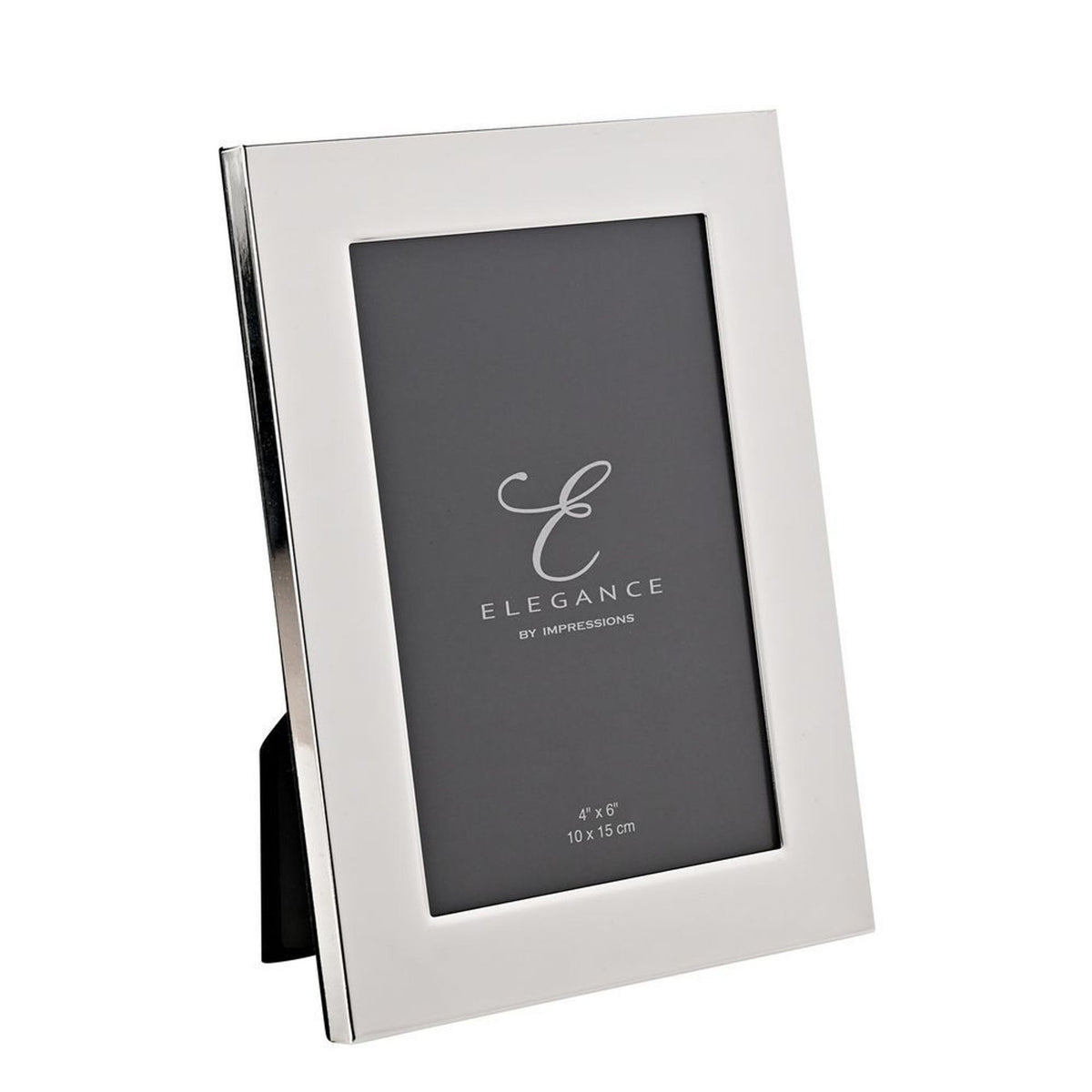 Rectangular shiny silverplated metal photo frame with a broad, mirror-finish border, holding a 4" x 6" sample insert, shown at an angle on a plain white background.