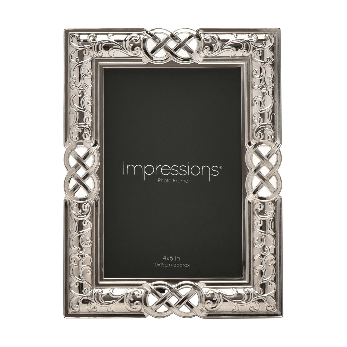 Rectangular silver metal photo frame with Celtic knot and scrollwork border, holding a 4x6in print, shown on a white background.