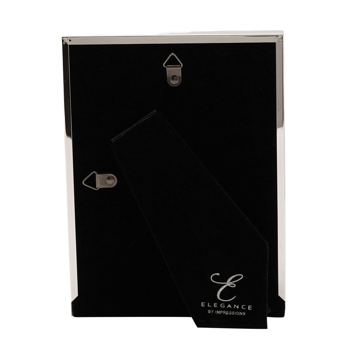Back of silverplated rectangular photo frame showing black velvet backing, two triangle hanging hooks, and a fold-out stand, on a plain white background.