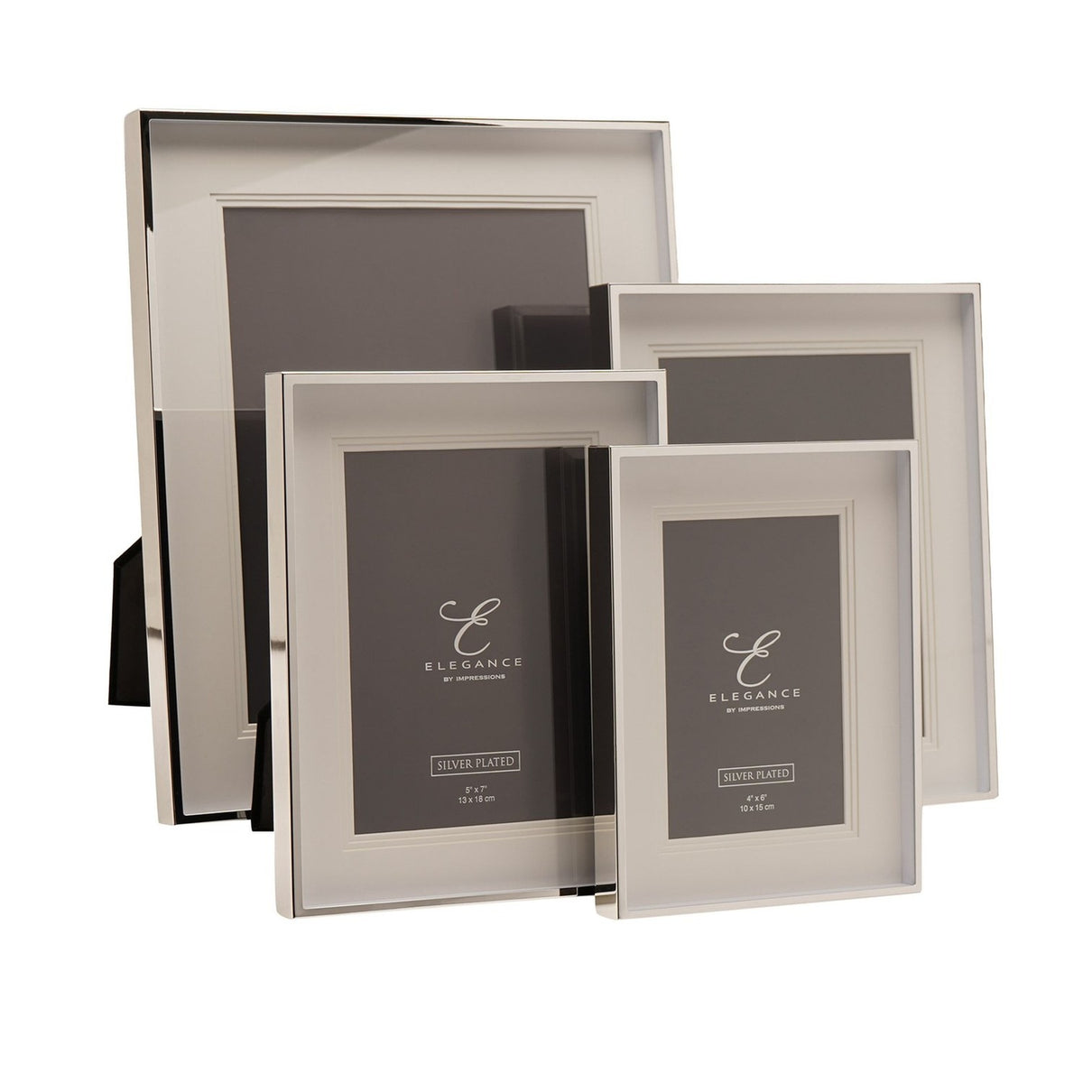 Silverplated triple layer mount photo frames in four rectangular sizes, with white stepped mounts and polished silver surrounds, shown upright on a plain white background.
