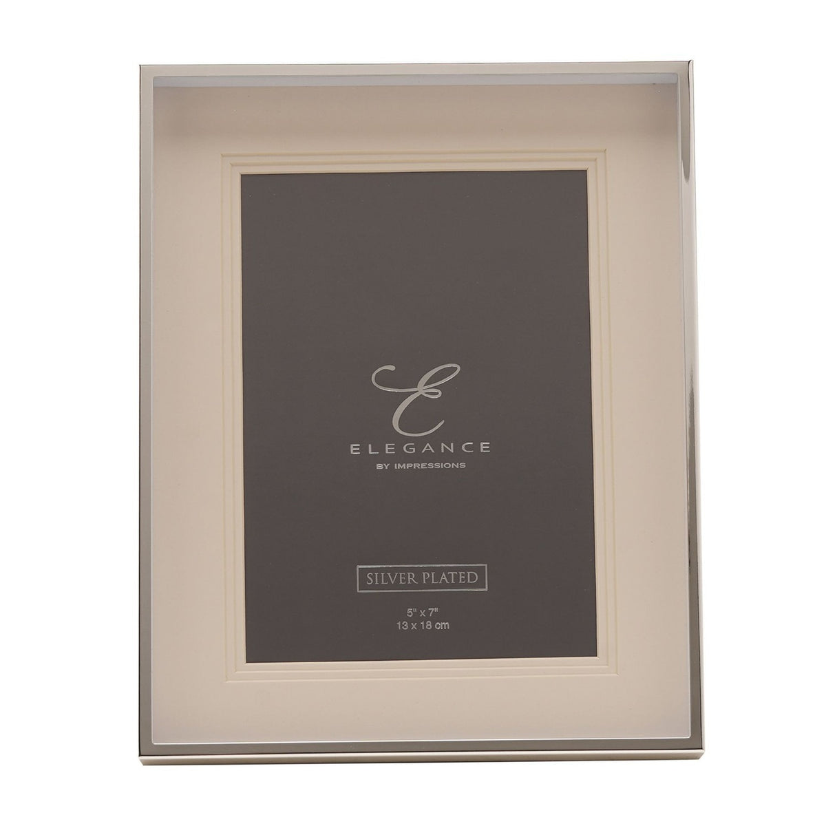 Silverplated rectangular photo frame with a triple layer white mount and polished silver edge, holding a 5 x 7in photo, shown on a plain white background.