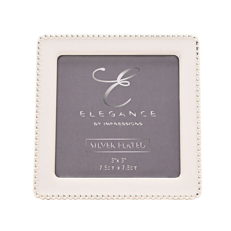 Square silverplated photo frame with white epoxy border and beaded silver edge, 3x3in size, shown on a plain white background.