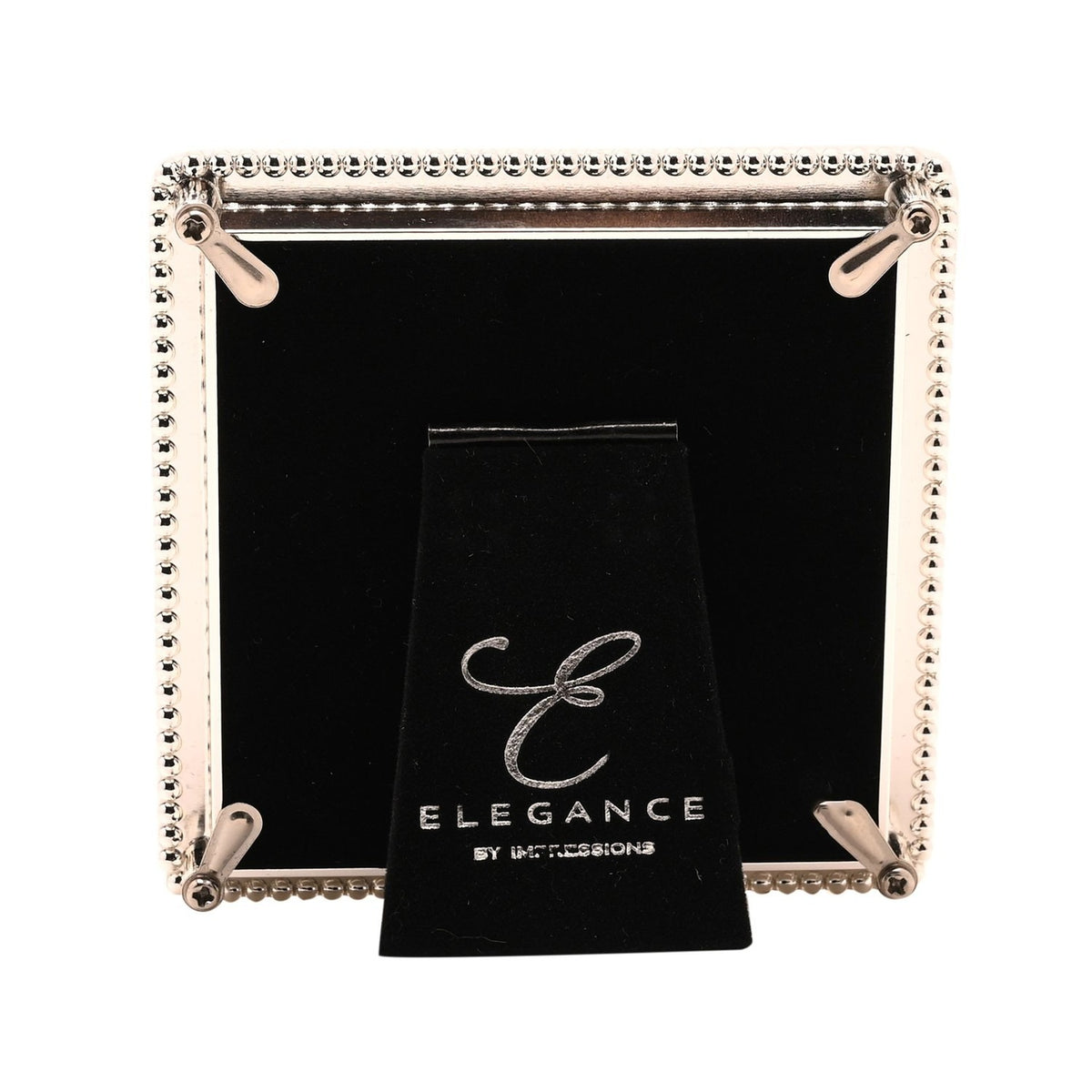 Rear view of the Silverplated Epoxy Beaded Metal Photo Frame in white and silver, showing the black velvet backing, hinged metal stand, and Elegance by Impressions dust bag.