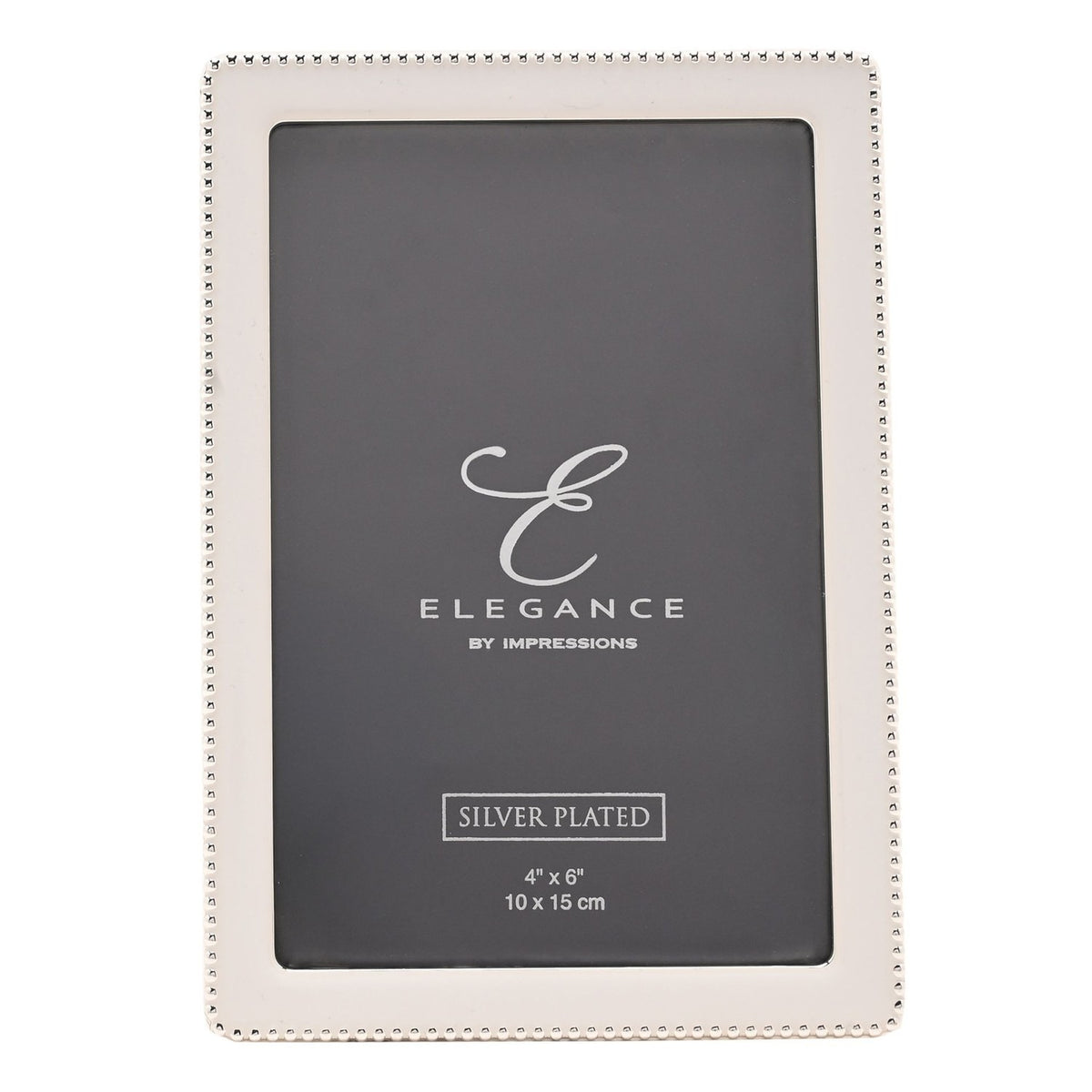 Rectangular photo frame with white epoxy border and silverplated metal, beaded edge detail, holding a 4x6in grey insert card, shown on a white background.