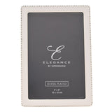 Rectangular photo frame with white epoxy border and silverplated metal, beaded edge detail, holding a 4x6in grey insert card, shown on a white background.