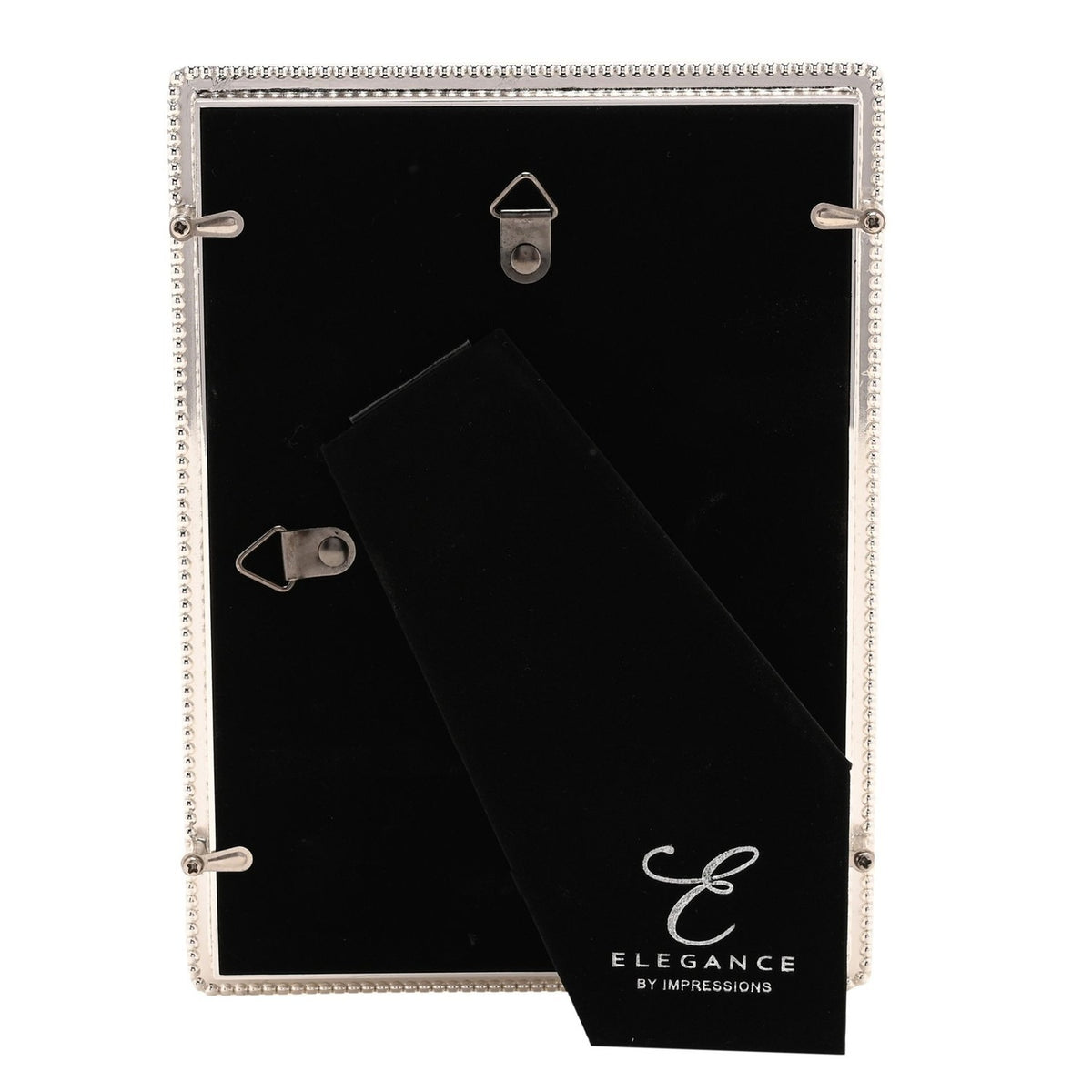 Rear view of the silverplated beaded metal photo frame with black velvet backing, showing two hook hangers, a stand, and an Elegance by Impressions tag.