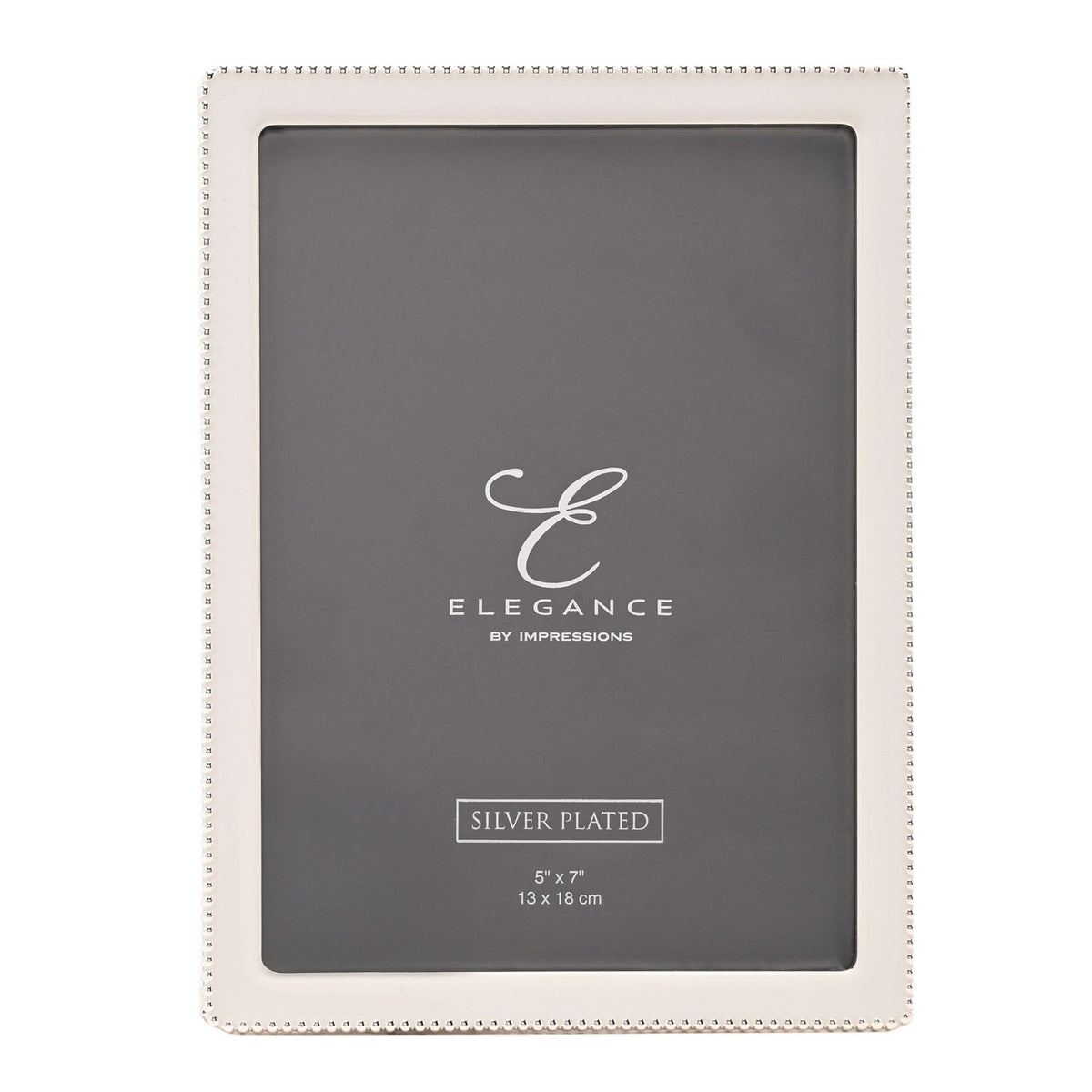 Rectangular photo frame with white epoxy border and silverplated metal, fine silver beading along the outer edge, holding a 5x7in print, shown on a plain white background.