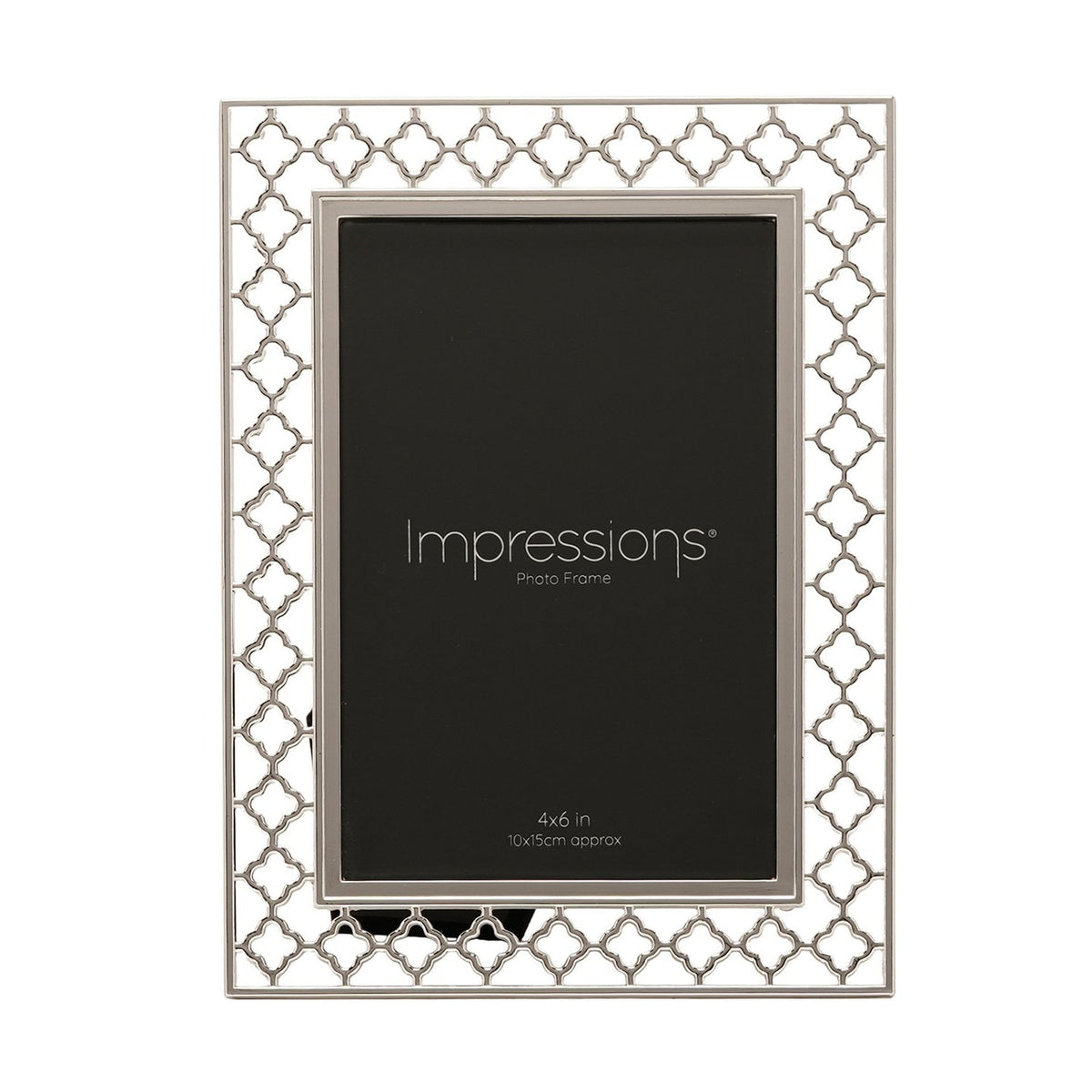 Rectangular silver-plated photo frame with an openwork lattice border of linked four-petal shapes, holding a 4x6in portrait print on a plain white background.