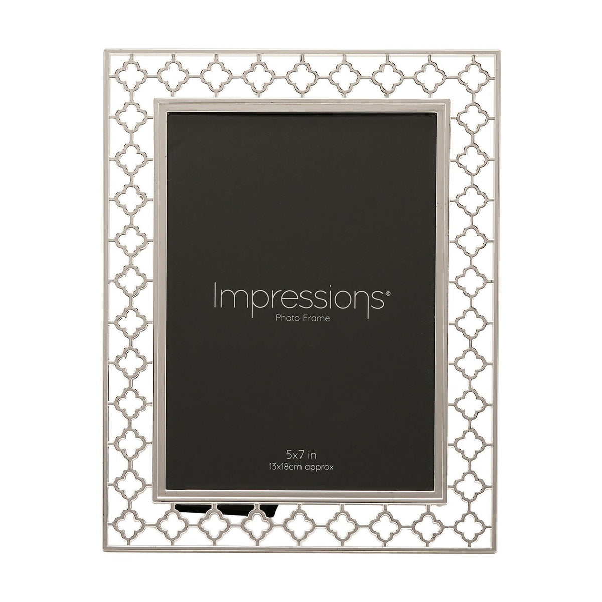 Rectangular photo frame in bright silver-plated metal with a cut-out lattice border of linked four-petal shapes, holding a 5x7in print, shown on a white background.