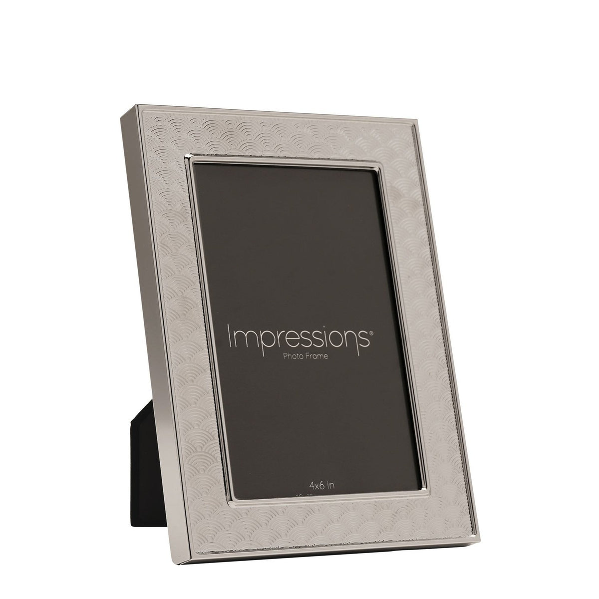 Rectangular silverplated metal photo frame with an art deco scallop pattern border and smooth raised inner rim, shown upright on a plain white background.