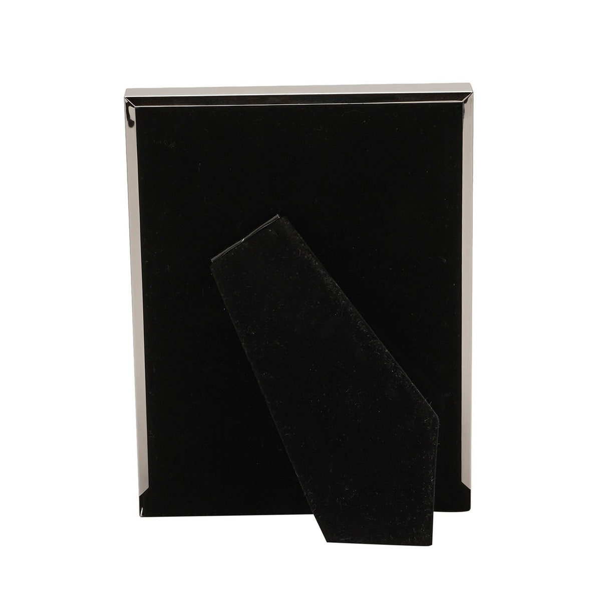 Rectangular silverplated metal photo frame shown from behind, with black velvet backing and fold-out stand, against a plain white background.