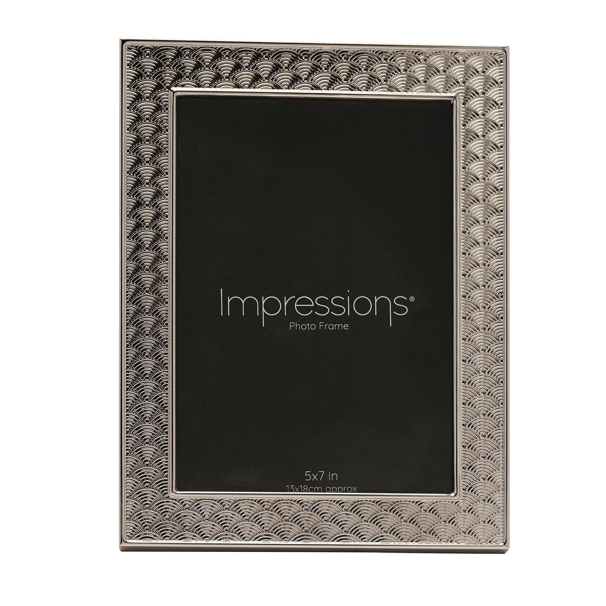 Rectangular silverplated metal photo frame with an Art Deco scallop pattern bordering a smooth raised inner rim, holding a 5x7 in insert, on a white background.