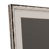Close-up of the Criss Cross Metal Photo Frame 7 x 5in in silver, showing the textured lattice-patterned border, white mount, and corner detail against a plain background.